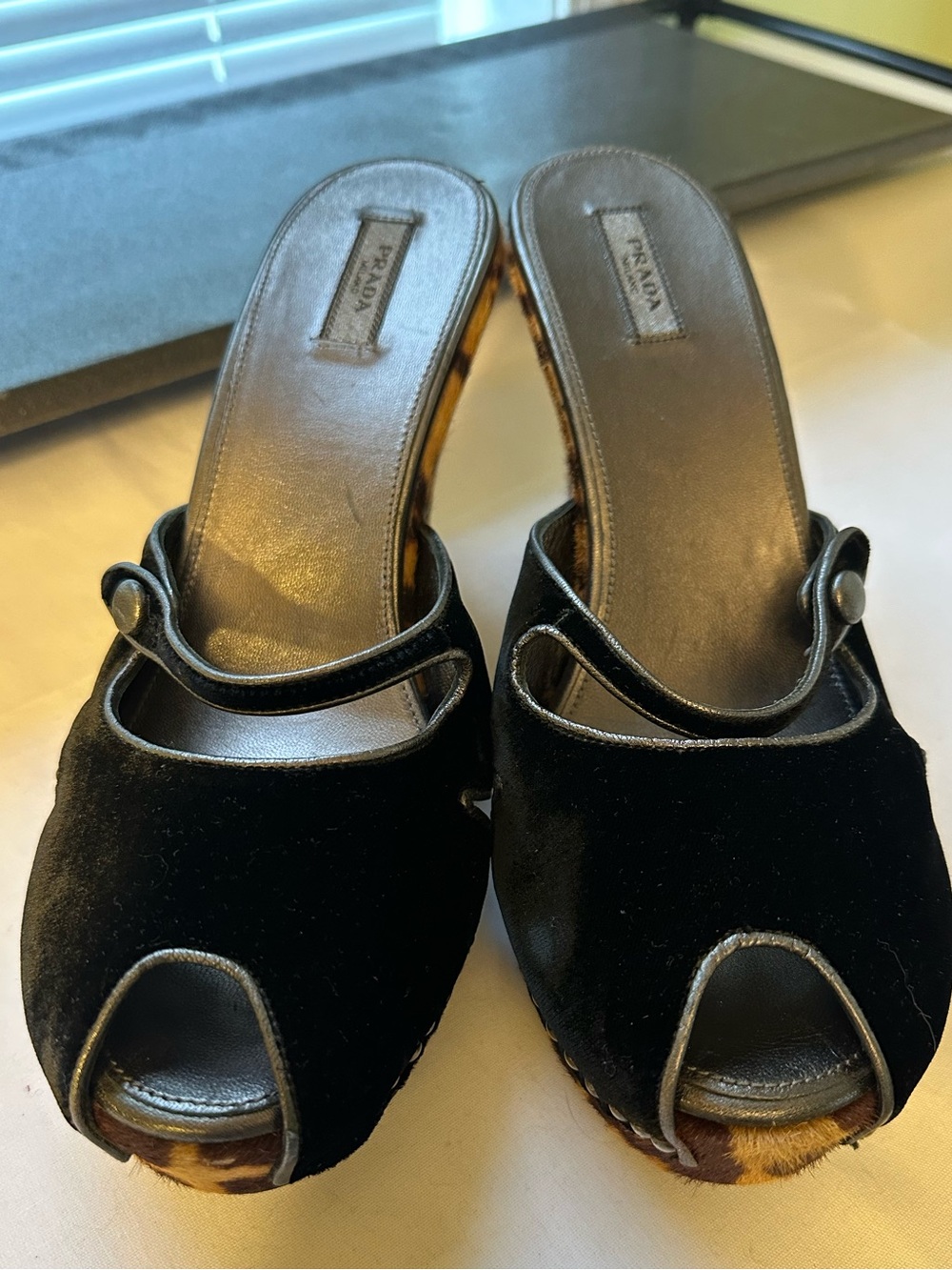 Prada Vintage Leopard Print Calf Hair Black Velvet Wedge Mules 39.5 EUR 9-9.5 US